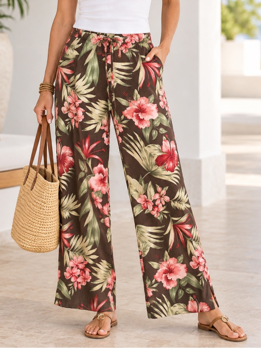 Tommy Bahama Wide Leg Pants Women’s 8 Silk Stretch Brown Tropical Floral Resort